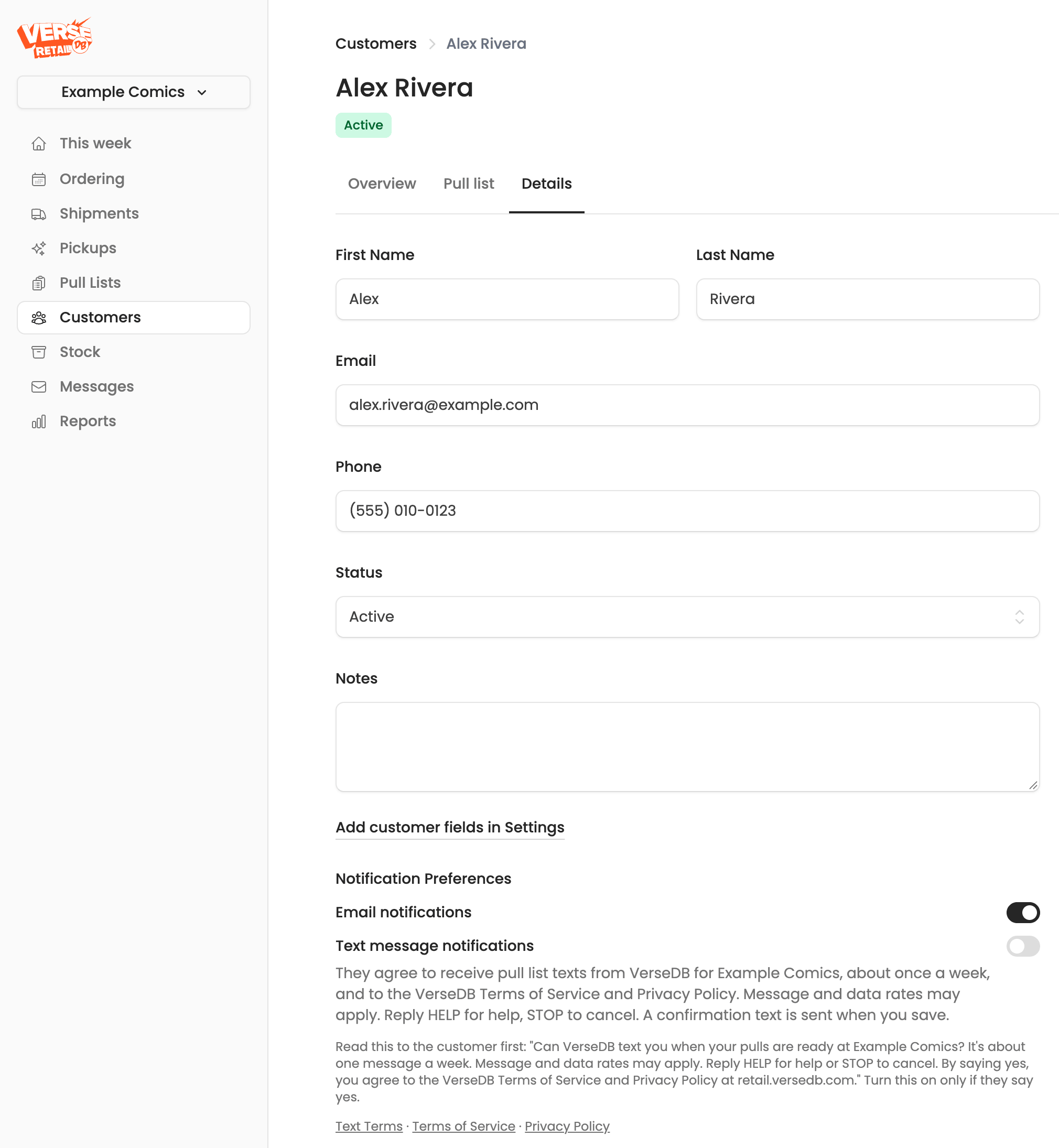 Screenshot of a customer record in the VerseDB Retail staff app: the "Text message notifications" switch turned off, the consent disclosure under it, the script staff read aloud to the customer, and links to the Text Terms, Terms of Service and Privacy Policy.